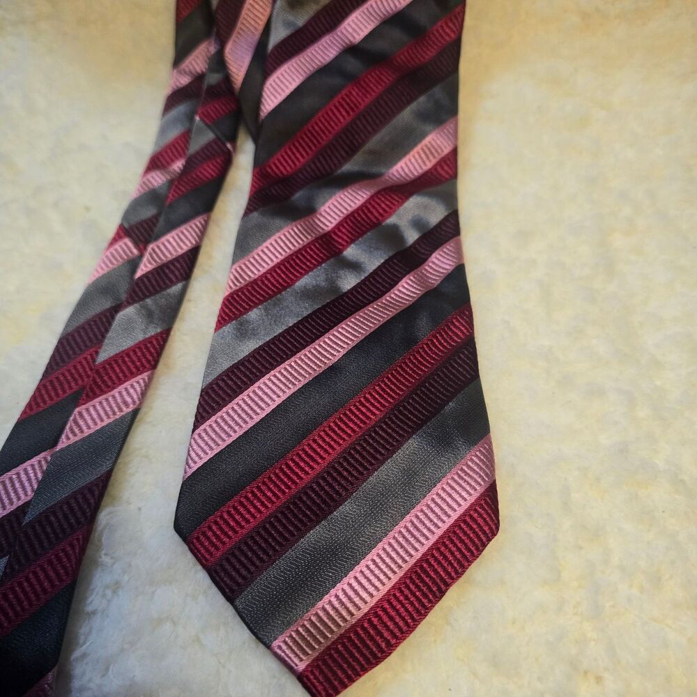 FRANGI Men's Tie Grey Pink Burgundy Striped 100% Silk Made in Italy